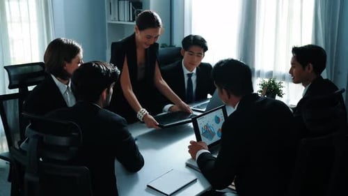 Top view of diverse business people brainstorm marketing idea. Directorate.