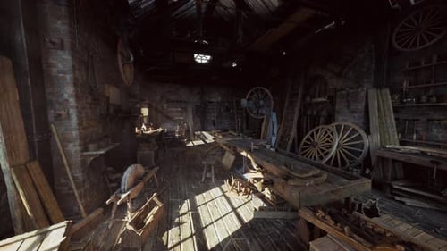 Rustic Workshop Scene Sunlit Rural Craft Space with Weathered Wheels