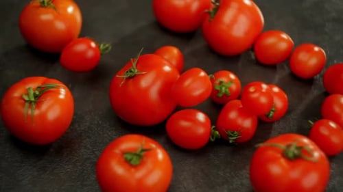 Gruppe von Pflaumentomaten auf schwarzer Oberfläche, natürliche Lebensmittelzutat für Rezepte