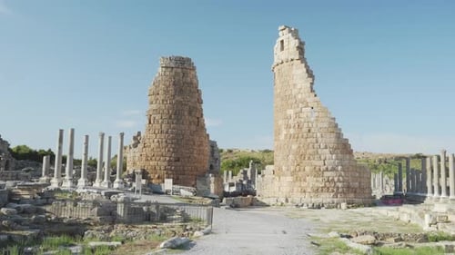 Scenic ruins of Hellenistic city gate in Perge (Perga), Turkey