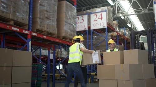 Blue collar workers are working at warehouse.