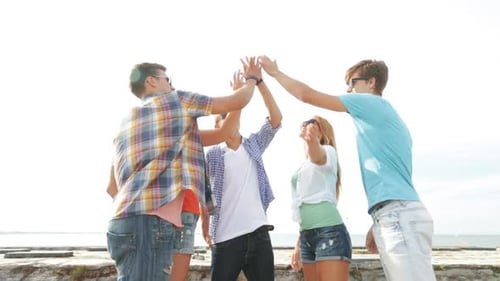 Summer Vacation, Friendship, Street Life, Gesture And People Concept - Group Of Smiling Teenagers...