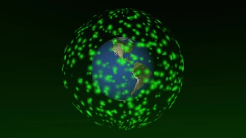 Green color neon abstract dots particles on earth planet rotating animation background. mz 161