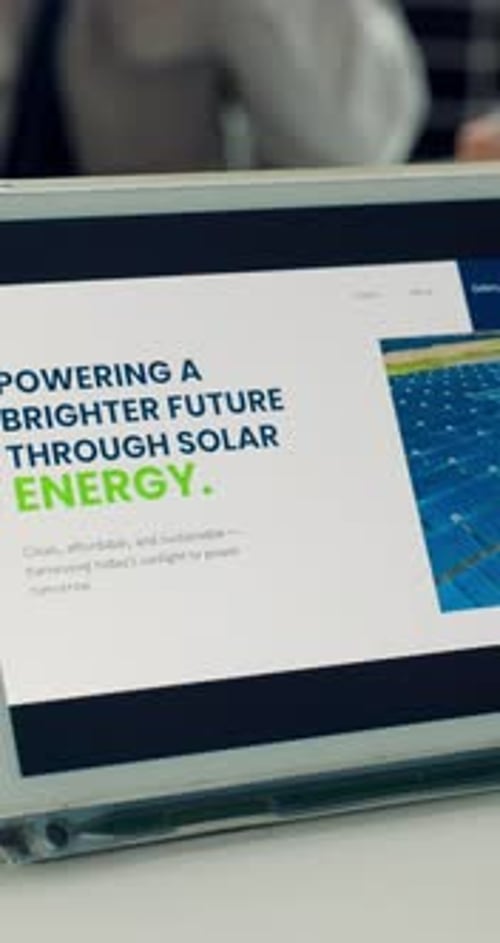 Presentación, energía solar y pantalla de tableta en la oficina para obtener energía ecológica o sostenibilidad