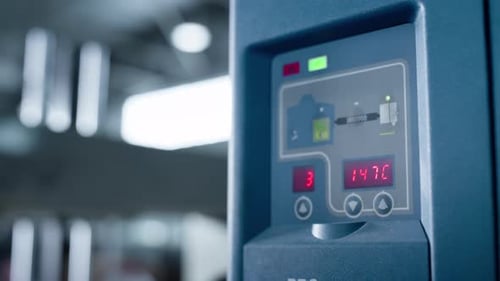 Technological Factory Indicator Display Showing Production Data Close Up. Modern Tech Manufacture