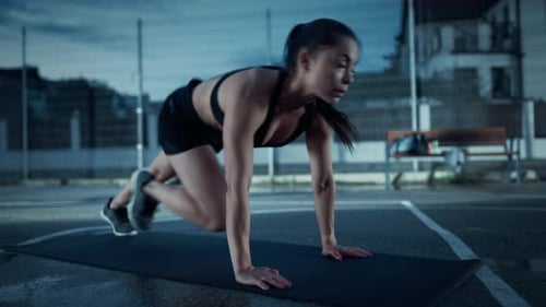 Beautiful Energetic Fitness Girl Doing Mountain Climber Exercises. She is Doing a Workout in a Fenc