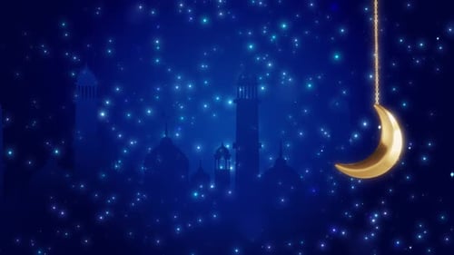 Golden Crescent Moon and Twinkling Stars Over Mosques for Islamic Celebrations