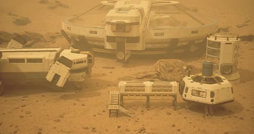 Martian Landscape Featuring Futuristic Habitats in Dusty Environment