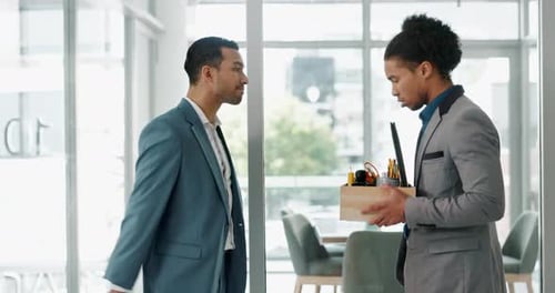 Fired, cardboard box and business man with angry manager and sad employee in a office