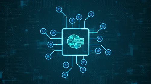 Blue digital Robot head logo and HUD technology circuit board with ai icon and data transfer