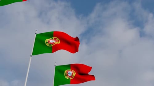 Realistic Waving Portuguese Flags on Cloudy Blue Sky
