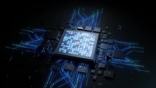 Futuristic Digital Processor with Glowing Data Flow Animation