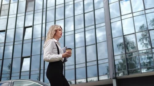 Stylish Blonde Business Woman Employee Office Worker Going at Downtown City District Morning Coffee