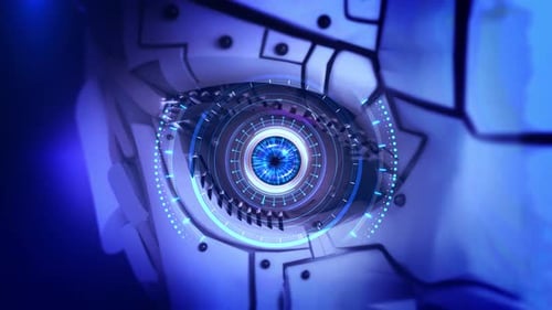 Futuristisches Roboterauge mit fortschrittlicher visueller Schnittstelle, digitalem Hologramm, biometrischer Sicherheitsscan, Identität