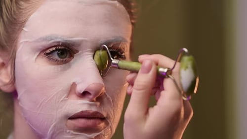 Cosmetic procedures. Front view portrait of a woman doing a jade roller massage on her face