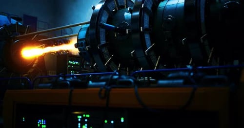 Advanced Machinery Producing Bright Flame in a Futuristic Laboratory Setting