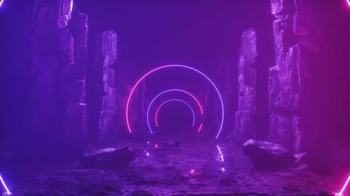 Neon Glowing Frame And Rocks At Foggy Landscape Background