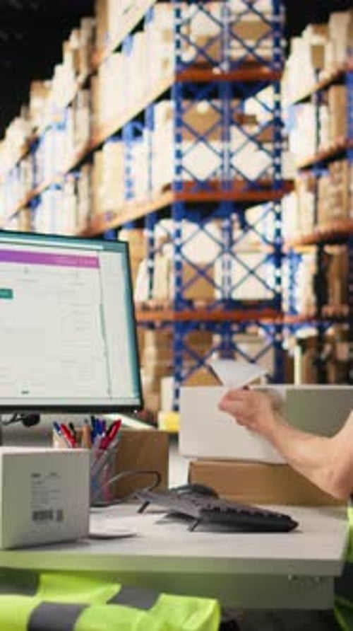 Vertical Video Asian Staff Manages Awb Labeling and Scanning Barcodes Before Dispatch