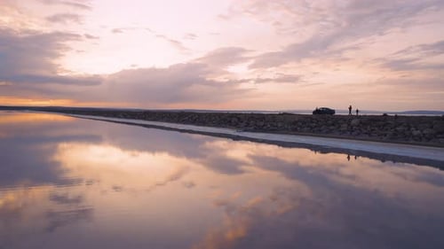 Salt lake aerial drone view during sunset