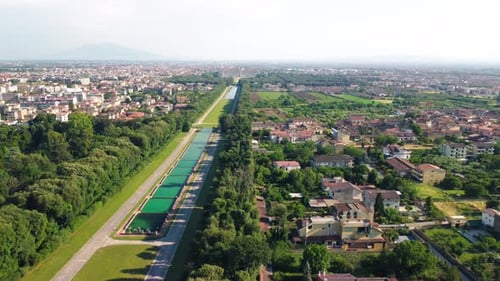 Aerial - Flight along pools alley at Reggia Caserta, Italy