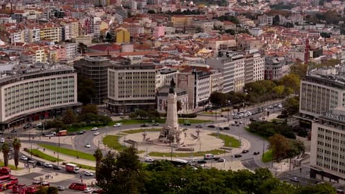 City Aerial View of Urban Monument and Traffic