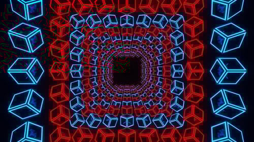 Tunnel Through Moving Red And Blue Neon Squares Background Vj Loop In 4K