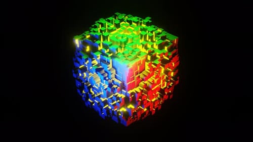 Abstrakter animierter mehrfarbiger 3D-Würfel mit sich wellenförmig bewegenden Säulen auf schwarzem Hintergrund