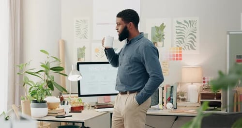 Coffee, ideas or businessman by window thinking of creative startup project in a design agency