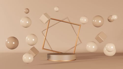 Neutral beige cube podium stage 3d animation Geometric brown pedestal marketing design composition