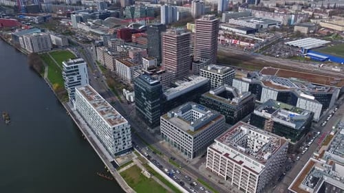 Aerial view of modern buildings on the bank of spree river , Berlin
