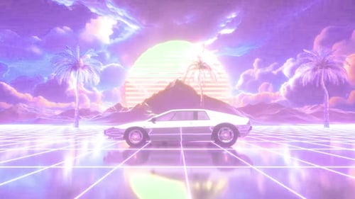 Car drives on neon road at sunset