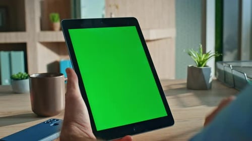 Businessman Hands Scrolling Greenscreen Tablet at Company Workplace Close Up
