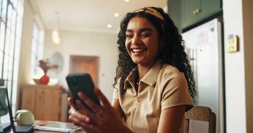 Internet, laughing and university student with phone in home for study break