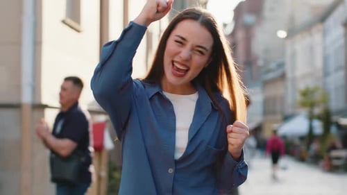 Young Woman Shouting Celebrating Success Winning Goal Achievement Good Victory News in City Street