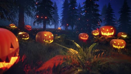 Glowing Jack-o'-lanterns in a Mysterious Forest at Night