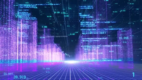 Digital Data Cityscape with Flowing Code and Numbers