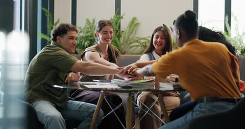 Happy people, meeting and team with hands together for success, mission or unity in office