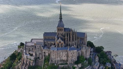 Drone shot of Mont-Saint-Michel Abbey in France
