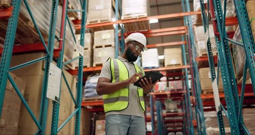 Shipping, warehouse and black man on tablet for inspection, inventory and online stock