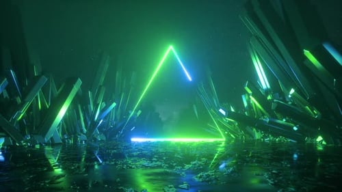 Dynamic neon triangle portal shimmers in otherworldly space
