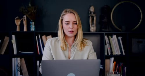 Portrait of Beautiful Happy Young Blonde Caucasian Creative Writer Woman Using Laptop Thinking of