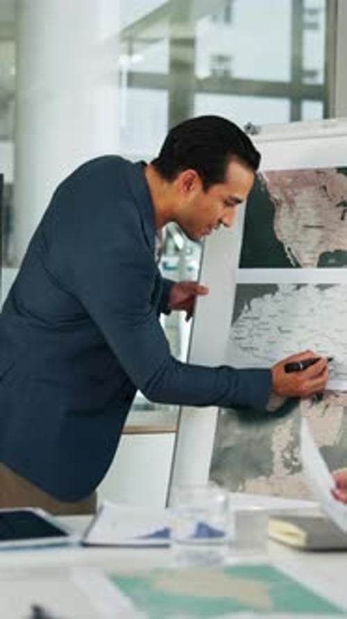 Presentation, map and business man in boardroom for financial expansion, planning and ideas