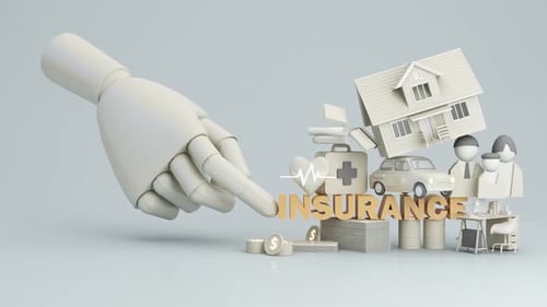 3D Insurance Policy Concept with Human Hand and Protection Icons