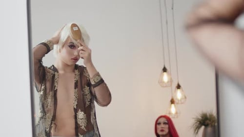 Person with White Hair Brushing in Mirror