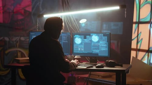 Hacker Using Computer to Run Malicious Code in Foggy Dark Basement