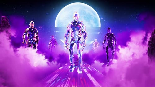 Futuristic Geometric Humanoids Walk on a Neon Cyberpunk Road