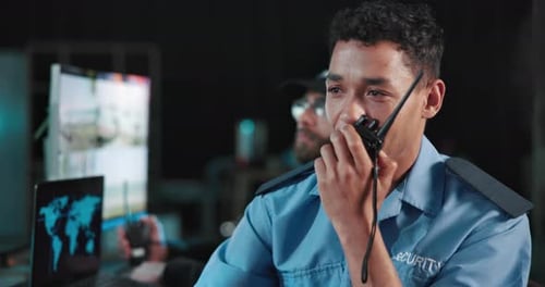 Security guard, man and conversation with radio in office for crime watch