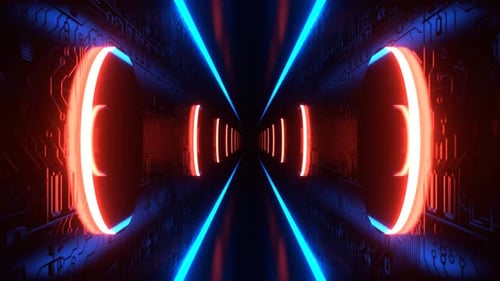 Hellblauer und roter schöner futuristischer Neonkorridor mit Chipmuster-Hintergrund Vj Loop I 4K