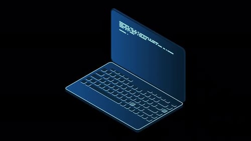 Isometrische Laptop-Animation. Isometrischer 3D-Laptop-Computer. Abstrakte Programmiersprache