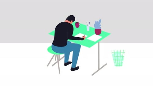 Boy sitting at desk with laptop Man Working at The Office Animation